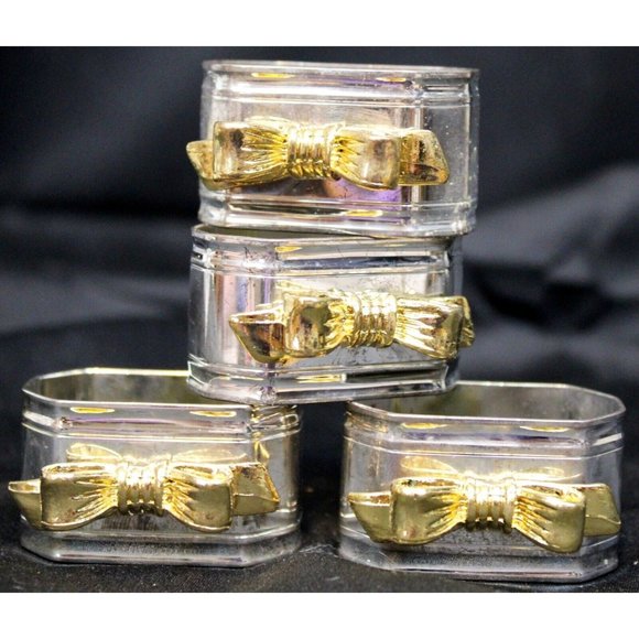 Set of 4 Silver Napkin Rings Holders Geometric Gold Colored Bow Queen Victoria - Picture 1 of 6